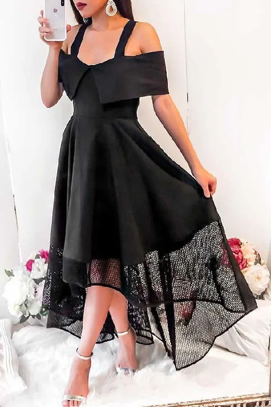 Gothic Style Party Dresses with Lace Trim for Ladies' Halloween PartiesA-Line Cold Shoulder High Low Black Homecoming Dress with Lace PD054
