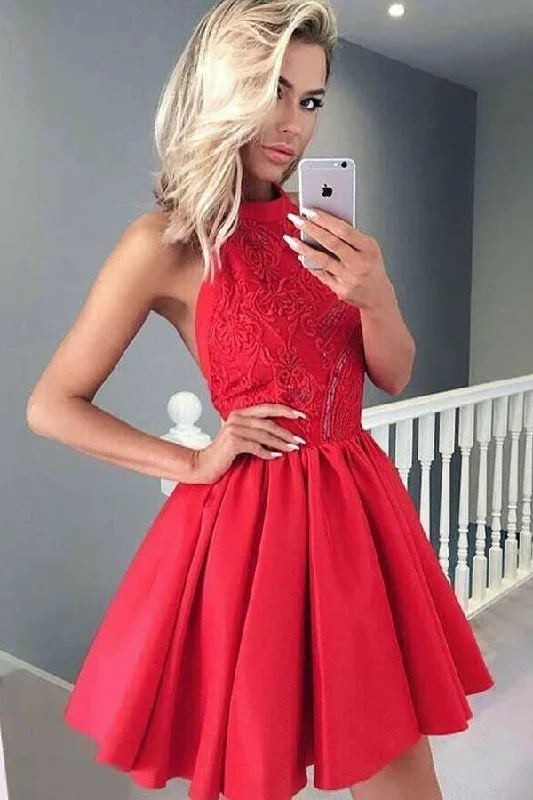 Party Dresses with Embroidered Stars and Sequined Dots for Ladies' Celestial and Playful LookA-line Halter Sleeveless Short Red Satin Homecoming Dress with Lace  PD050