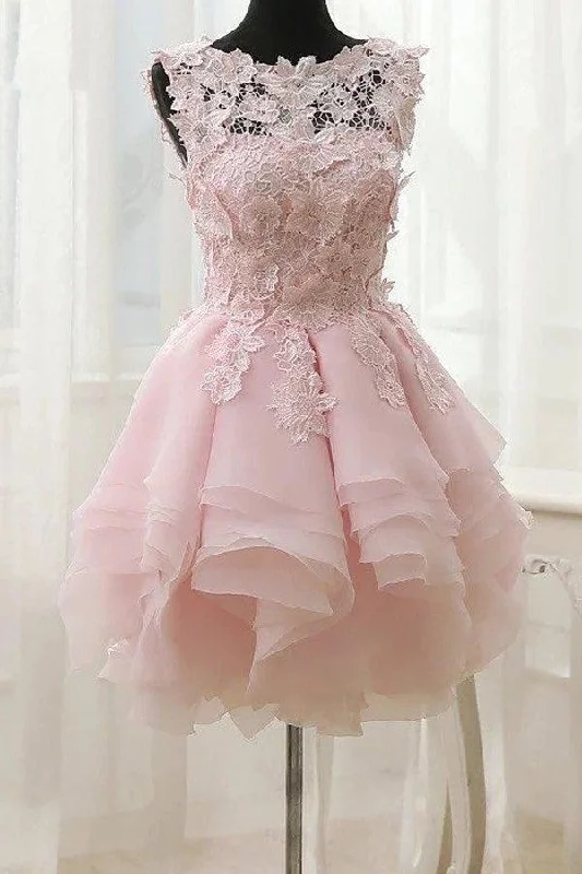 Empire Waist Party Dresses with Satin Sash for Ladies' Curvy Figure FlatteringA-line Lace Bateau Neckline Pink Homecoming Dresses With Appliques PD429
