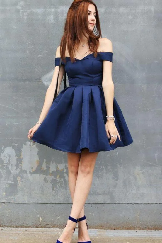 Plunging Neckline Party Dresses with Sequined Trim for Ladies' Glamorous EventsA-Line Off-the-Shoulder Short Navy Blue Satin Sleeveless Homecoming Dress  PD404
