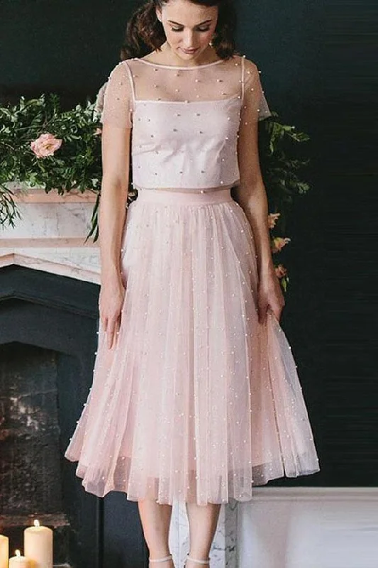 Party Dresses with Embroidered Stars and Sequined Dots and Sheer Sleeve for Ladies' Celestial and Elegant LookA-Line/Princess Tulle Short Sleeves Scoop Tea-Length Two Piece Dresses  PD412
