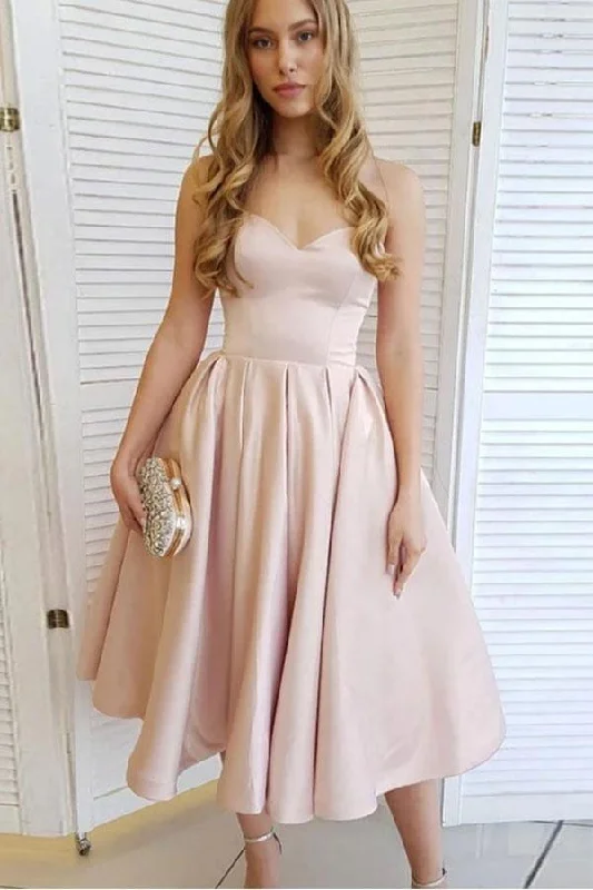Party Dresses with Tassel Hem and Metallic Lace for Ladies' Boho and Luxurious LookA-Line Satin Sweetheart Tea Length Homecoming Dress Short Prom Dress  PD414