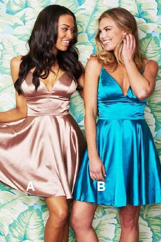 Bohemian Embroidered Party Dresses for Ladies' Beach PartiesA-Line Spaghetti Straps Short Blush Satin Homecoming Dress PD055