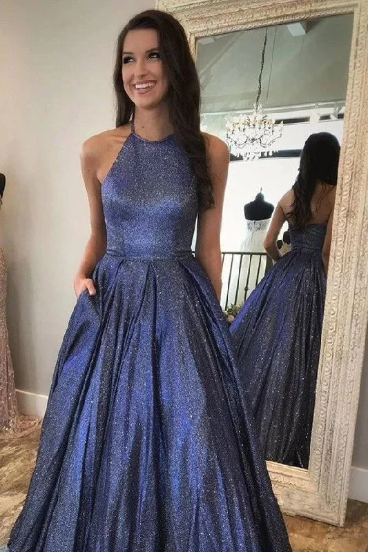 Plus Size Sequined Maxi Party Dresses for Curvy LadiesA-line Sparkly Halter Neck Long Prom Dresses Cute Formal Dress PSK371