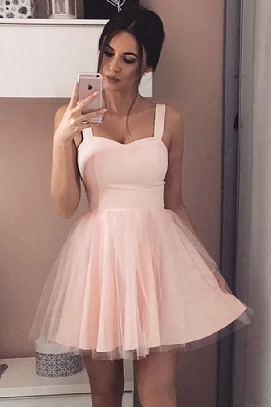 Puff Sleeve Party Dresses with Bell Bottom for Ladies' 80s Style PartyA-Line Straps Short Prom Dress Sleeveless Pink Tulle Homecoming Dress PD408