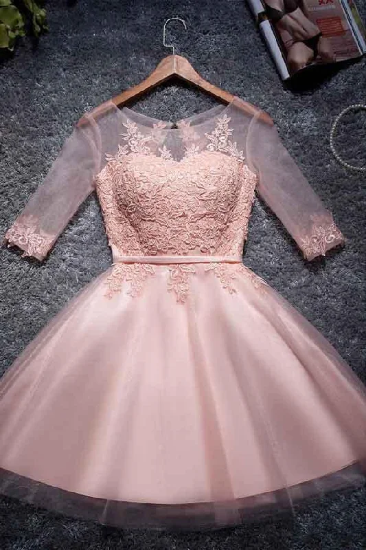 Metallic Party Dresses with Sequined Straps for Ladies' New Year's Eve PartiesA-line Tulle Homecoming Dresses Scoop Pink Short/Mini Prom Dresses  PD048
