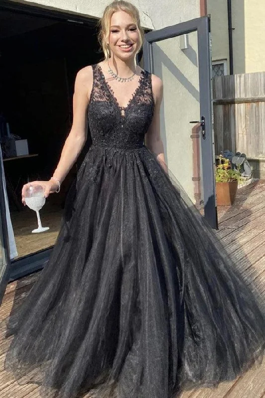 Lace Trimmed Party Dresses with Bow Back for Ladies' Dainty and Feminine LookA Line V Neck Black Tulle Prom Dress Black Formal Dress PSK370 Lace Trimmed Party Dresses with Bow Back for Ladies' Dainty and Feminine LookA Line V Neck Black Tulle Prom Dress Black Formal Dress PSK370