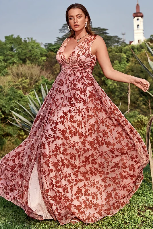Party Dresses with Ruffled Sleeves and High Neck for Ladies' Dramatic and Elegant LookA Line Rust Printed Plus Size Prom Dress with Split Front Party Dresses with Ruffled Sleeves and High Neck for Ladies' Dramatic and Elegant LookA Line Rust Printed Plus Size Prom Dress with Split Front