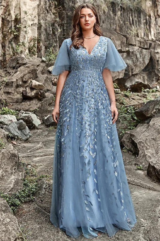 Party Dresses with Ruffled Sleeveless Top and Sequined Bodice and Tulle Skirt and Beaded Waistband for Ladies' Dramatic and Glamorous LookA Line V Neck Grey Blue Plus Size Prom Dress with Appliques