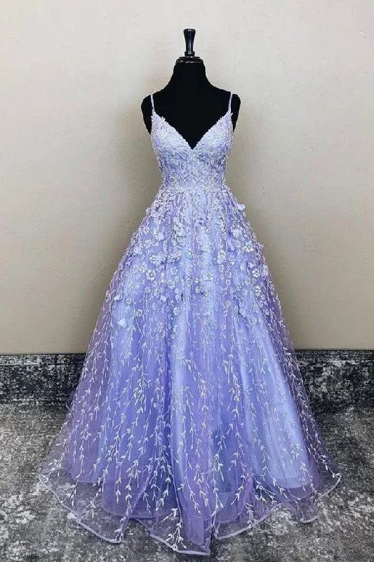 Plaid Party Dresses with Satin Trim for Ladies' Preppy and Stylish VibeA-Line V-Neck Lavender Lace Floral Long Prom Evening Dress  PSK385