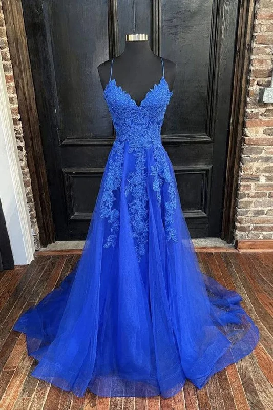 Party Dresses with Sheer Sleeve and Sequined Cuffs and Embroidered Bodice for Ladies' Elegant and Sparkly LookA-line V Neck Straps Tulle Royal Blue Prom Dress With Appliques PSK388