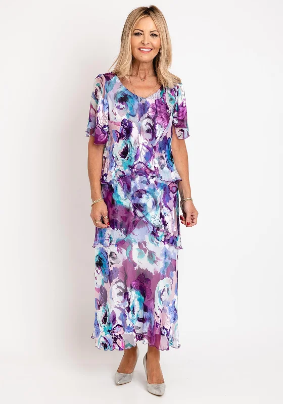 Long - train midi dress for a formal and dramatic lookAllison Floral Silk Layered Midi Dress, Purple Long - train midi dress for a formal and dramatic lookAllison Floral Silk Layered Midi Dress, Purple