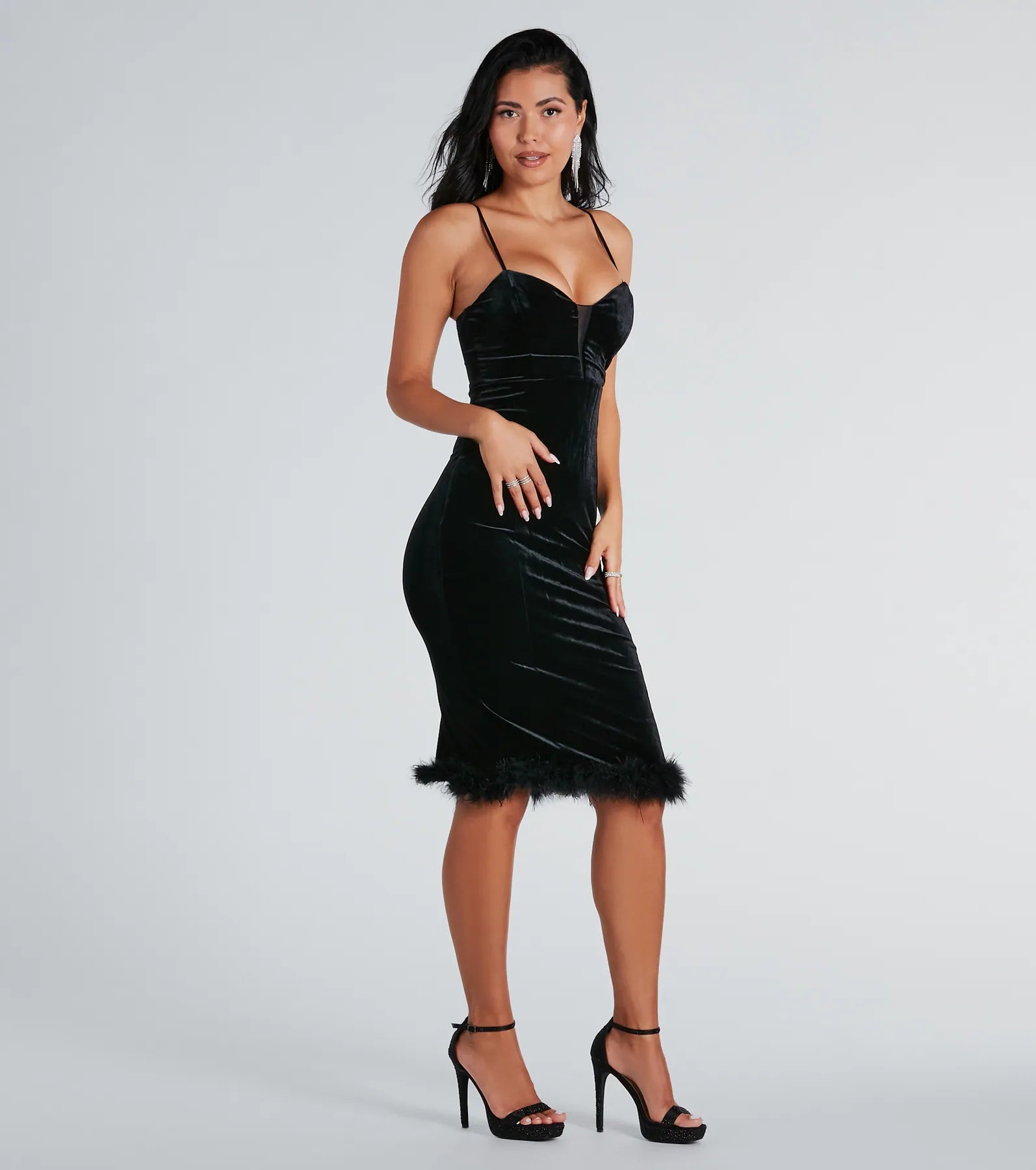 Midi dress for a barbecue with friends and familyAlyssa Feather Trim Velvet Formal Midi Dress