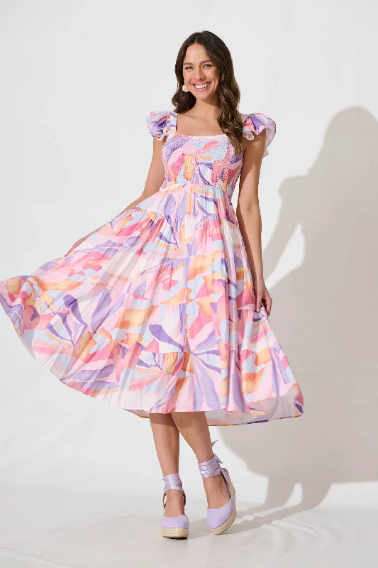 Midi dress for a barbecue with friends and familyAnastasia Midi Dress In Lilac And Multi Print Midi dress for a barbecue with friends and familyAnastasia Midi Dress In Lilac And Multi Print