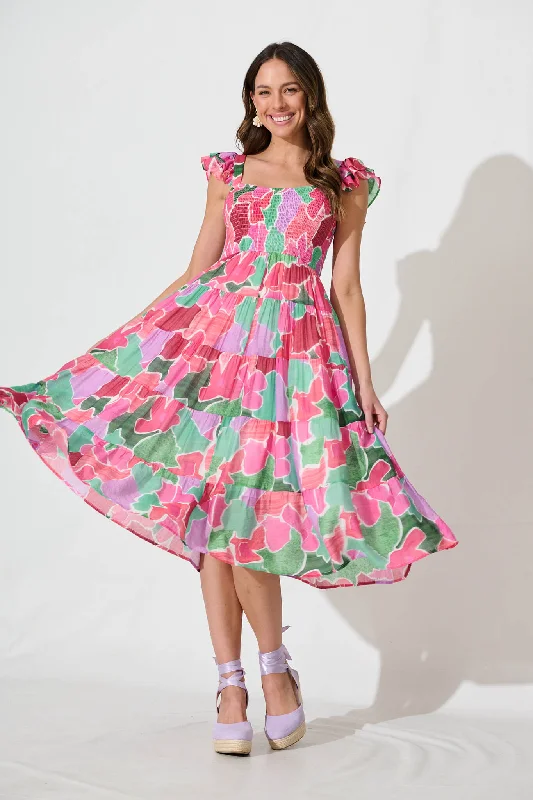 Midi dress for a shopping spree while remaining comfortable on your feetAnastasia Midi Dress In Pink With Multi Floral Print Midi dress for a shopping spree while remaining comfortable on your feetAnastasia Midi Dress In Pink With Multi Floral Print