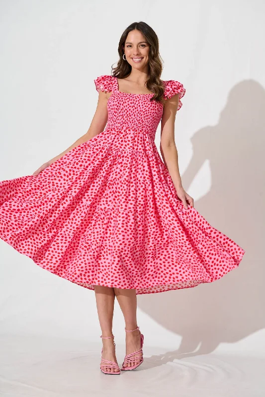 Midi dress for a yoga class with a flexible and breathable fabricAnastasia Midi Dress In Pink With Red Speckle Midi dress for a yoga class with a flexible and breathable fabricAnastasia Midi Dress In Pink With Red Speckle