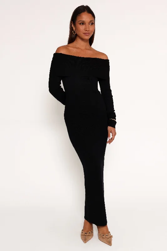 Midi dress for petite body types with proportionate sizingArchie Off The Shoulder Midi Dress - Black Midi dress for petite body types with proportionate sizingArchie Off The Shoulder Midi Dress - Black