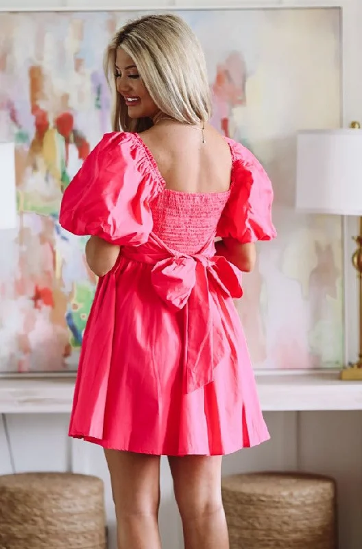 Party Dresses with Bell Sleeves and Ruffled Hem for Ladies' Retro CharmAround the Garden Mini Dress - Fuchsia