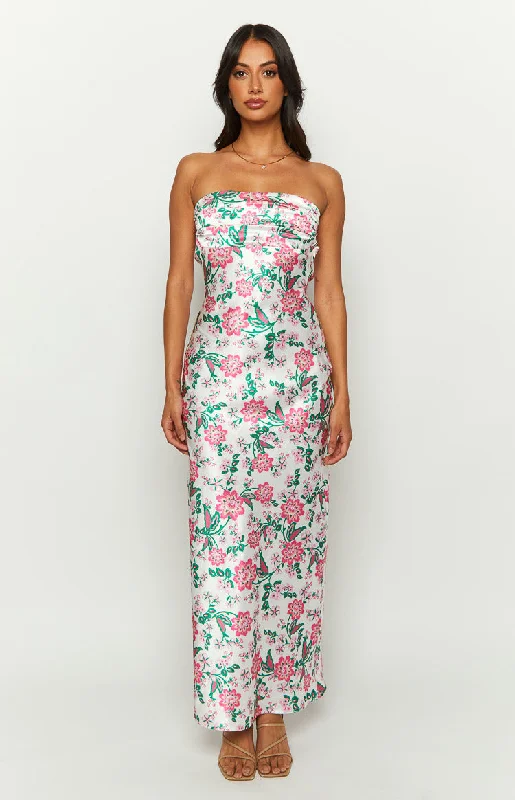Fringe - trimmed midi dress for a playful and trendy appearanceAstra Strapless Floral Satin Midi Dress Fringe - trimmed midi dress for a playful and trendy appearanceAstra Strapless Floral Satin Midi Dress