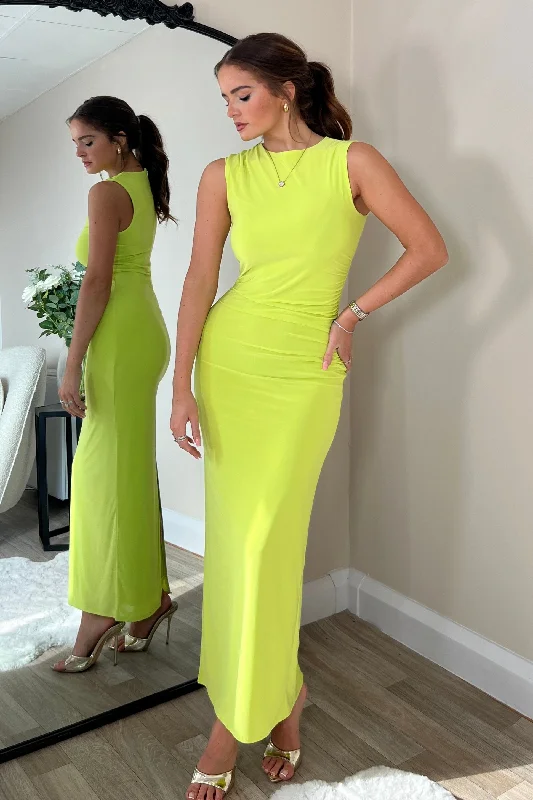 Tiered midi dress for a voluminous and feminine lookAya Sleeveless Bodycon Midi Dress in Lime Tiered midi dress for a voluminous and feminine lookAya Sleeveless Bodycon Midi Dress in Lime