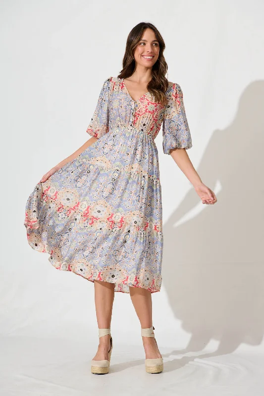 Midi dress for a business - casual setting when paired with a blazerBaltimore Midi Dress In Blue Multi Tile Print Midi dress for a business - casual setting when paired with a blazerBaltimore Midi Dress In Blue Multi Tile Print