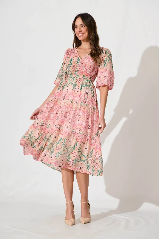Midi dress for a dance party to show off your movesBaltimore Midi Dress In Blush Multi Tile Print Midi dress for a dance party to show off your movesBaltimore Midi Dress In Blush Multi Tile Print
