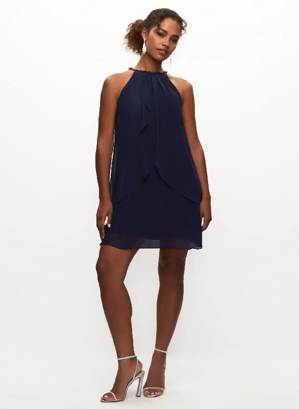 Party Dresses with Sheer Panels and Beaded Trim and Bow at the Back for Ladies' Sexy and Polished LookBead Neck Chiffon Dress