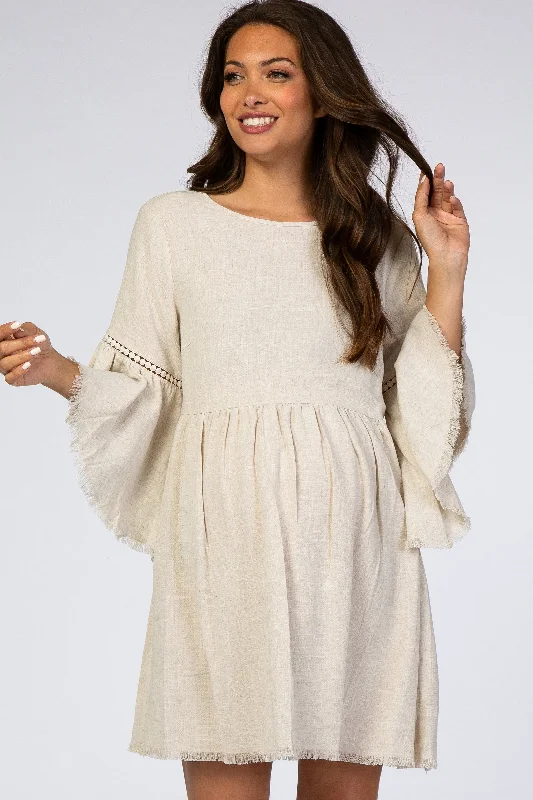 Tulle Dresses with Beaded Waistband for Ladies' Graceful LookBeige Raw Edge Bell Sleeve Babydoll Maternity Dress Tulle Dresses with Beaded Waistband for Ladies' Graceful LookBeige Raw Edge Bell Sleeve Babydoll Maternity Dress