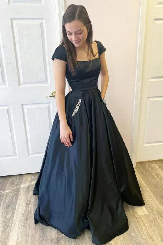 Party Dresses with Ruffled Sleeveless Top and Embroidered Skirt for Ladies' Dramatic and Artistic LookBlack A Line Satin Open Black Cap Sleeves  Long Prom Dresses PSK373