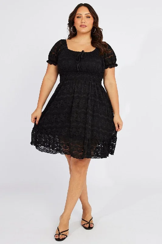 Party Dresses with High Neck and Embroidered Back for Ladies' Modest and Intricate LookBlack Fit And Flare Dress Short Sleeve Lace