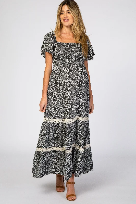 Dresses with Sequined Hearts and Ruffled Hem and Satin and Lace Combo for Ladies' Romantic and Feminine LookBlack Floral Square Neck Smocked Front Lace Trim Maternity Maxi Dress Dresses with Sequined Hearts and Ruffled Hem and Satin and Lace Combo for Ladies' Romantic and Feminine LookBlack Floral Square Neck Smocked Front Lace Trim Maternity Maxi Dress