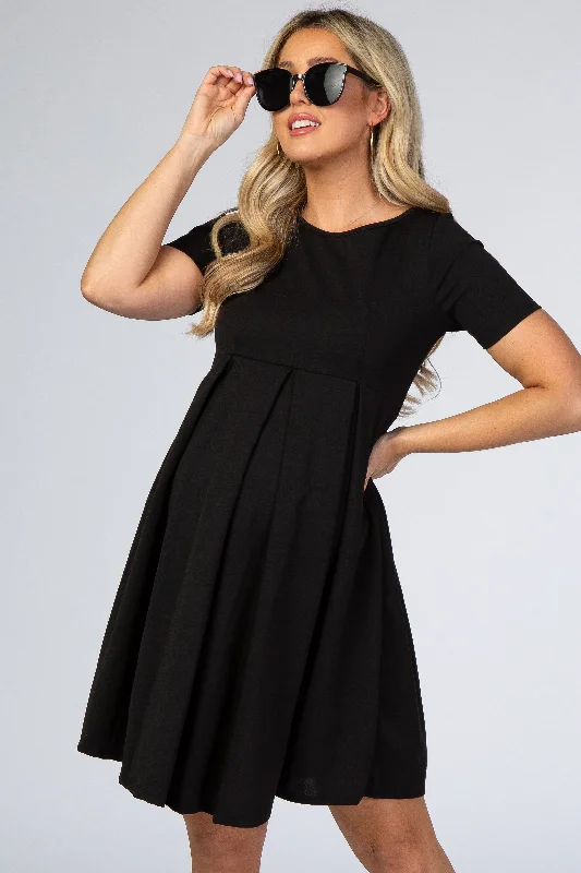 Plaid Dresses with Satin Trim for Ladies' Preppy StyleBlack Short Sleeve Front Pleat Maternity Dress Plaid Dresses with Satin Trim for Ladies' Preppy StyleBlack Short Sleeve Front Pleat Maternity Dress