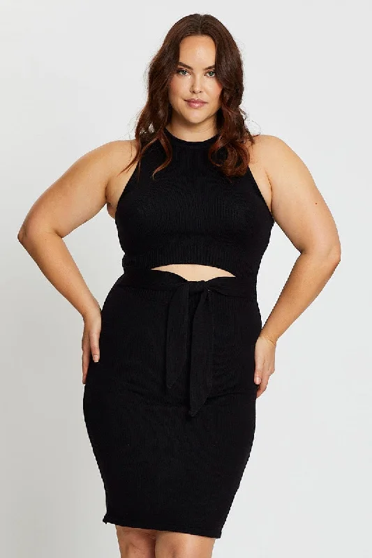 Party Dresses with Pleated Skirts and Lace Overlay for Ladies' Feminine and Timeless LookBlack Sleeveless Tie Front Knitted Dress
