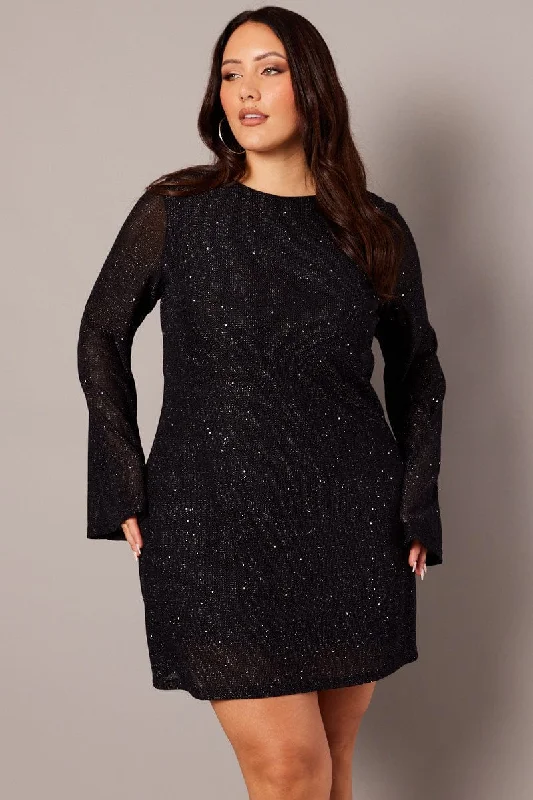 Party Dresses with Tulle Overlay and Beaded Bodice and High Low Hem for Ladies' Dramatic and Graceful LookBlack Sparkle Flare Sleeve Cowl Low Back Minidress