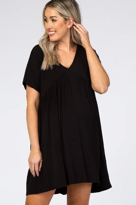 Dresses with Sequined Hearts and Ruffled Hem and Satin and Lace Combo and Bow at the Waist for Ladies' Romantic and Sweet LookBlack V-Neck Dolman Maternity Dress Dresses with Sequined Hearts and Ruffled Hem and Satin and Lace Combo and Bow at the Waist for Ladies' Romantic and Sweet LookBlack V-Neck Dolman Maternity Dress