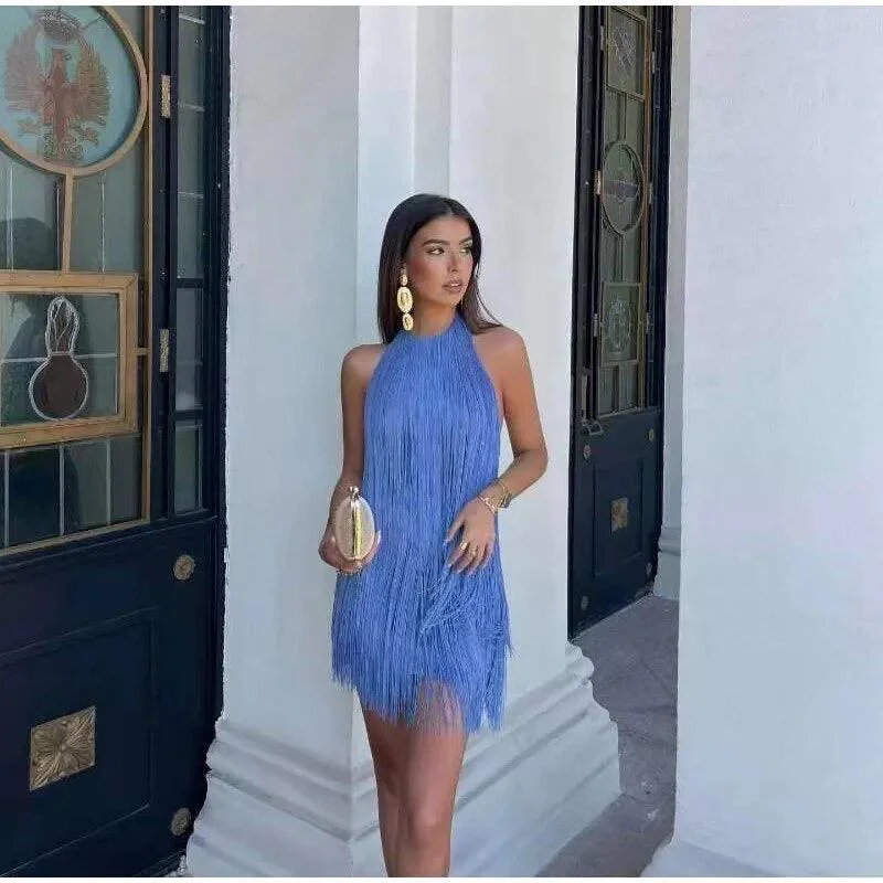 Party Dresses with Metallic Sequined Bodice and Chiffon Skirt and Sheer Back for Ladies' Glamorous and Sexy LookBlue Hue Tasseled Statement Dress