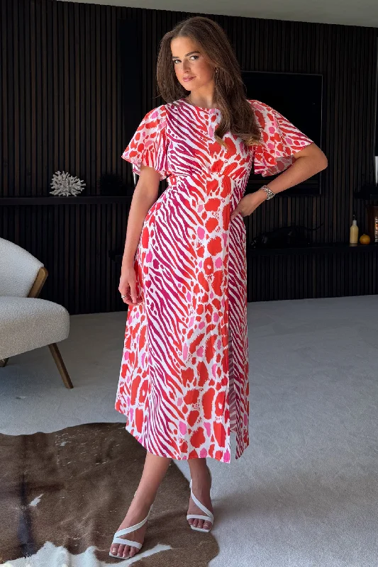 Long - sleeved wool midi dress for a warm and cozy winter optionBritney Red Print Angel Sleeve Midi Dress Long - sleeved wool midi dress for a warm and cozy winter optionBritney Red Print Angel Sleeve Midi Dress