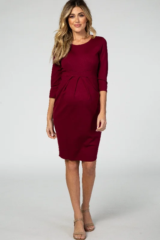 Dresses with Beaded Waistbands and Tiered Skirts for Ladies' Glamorous and Feminine LookBurgundy 3/4 Sleeves Front Pleated Maternity Dress Dresses with Beaded Waistbands and Tiered Skirts for Ladies' Glamorous and Feminine LookBurgundy 3/4 Sleeves Front Pleated Maternity Dress