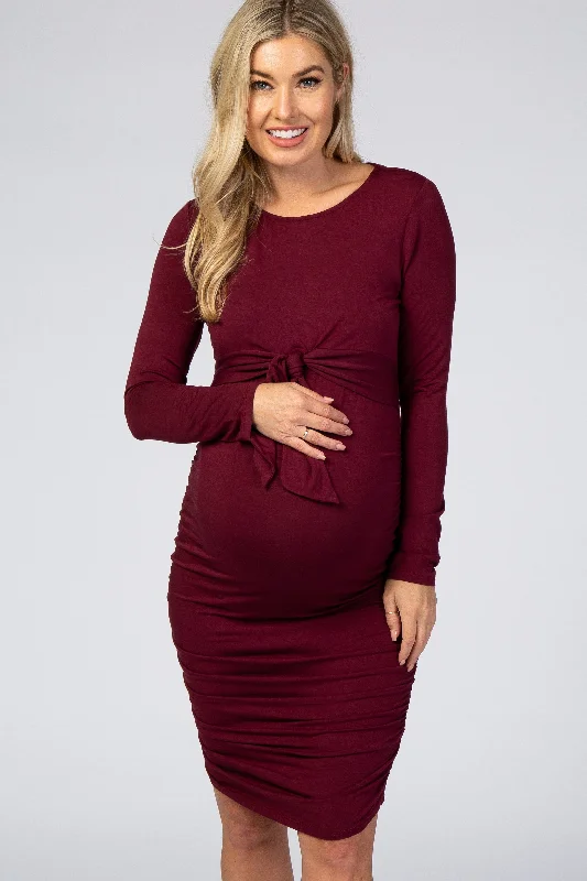 Wrap Style Polyester Dresses for Ladies' Versatile OutfitBurgundy Ruched Fitted Front Bow Maternity/Nursing Dress Wrap Style Polyester Dresses for Ladies' Versatile OutfitBurgundy Ruched Fitted Front Bow Maternity/Nursing Dress