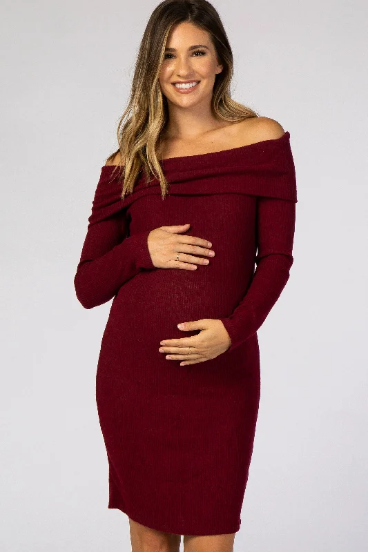 Empire Waist Polyester Dresses for Ladies with Satin RibbonBurgundy Soft Ribbed Folded Neck Off Shoulder Maternity Dress Empire Waist Polyester Dresses for Ladies with Satin RibbonBurgundy Soft Ribbed Folded Neck Off Shoulder Maternity Dress