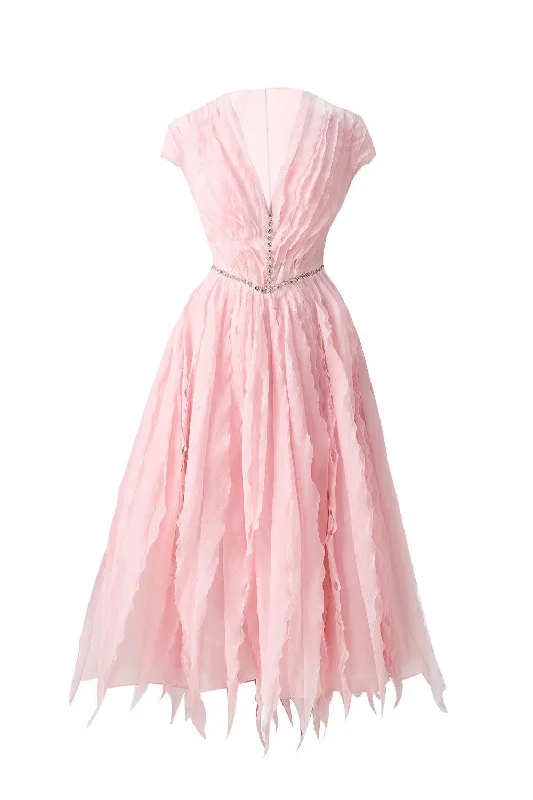 Floral print chiffon midi dress for a feminine and elegant lookCalhoun Fit and Flare V-Neck Organza Midi Dress
