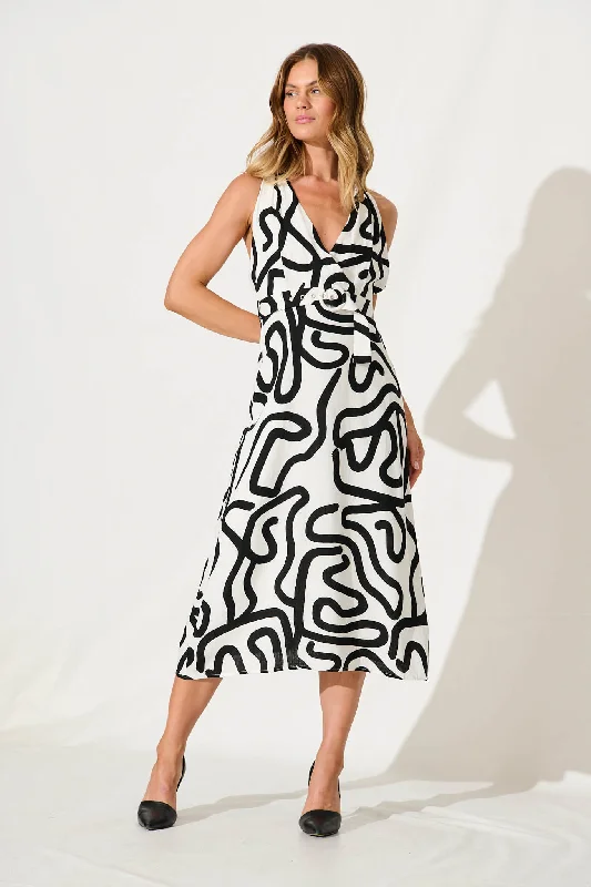 Midi dress for sports activities like horseback riding or yogaCalianna Midi Dress In White With Black Print Linen Blend Midi dress for sports activities like horseback riding or yogaCalianna Midi Dress In White With Black Print Linen Blend