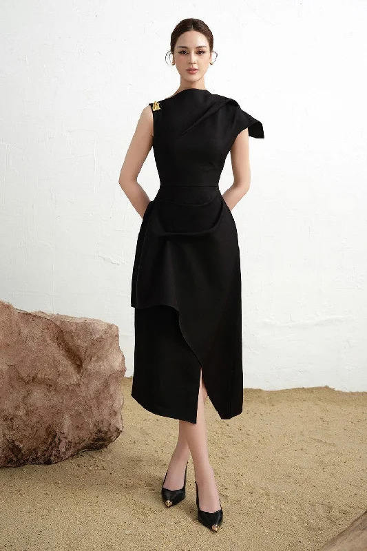 Sleeveless silk midi dress for a sophisticated summer styleCalla Asymmetric Front Slit Twill Midi Dress Sleeveless silk midi dress for a sophisticated summer styleCalla Asymmetric Front Slit Twill Midi Dress