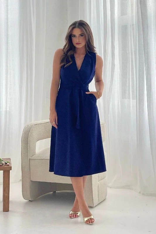 Fringe - trimmed midi dress for a playful and trendy appearanceCallie Linen Blend Sleeveless Tie Front Midi dress Navy Fringe - trimmed midi dress for a playful and trendy appearanceCallie Linen Blend Sleeveless Tie Front Midi dress Navy