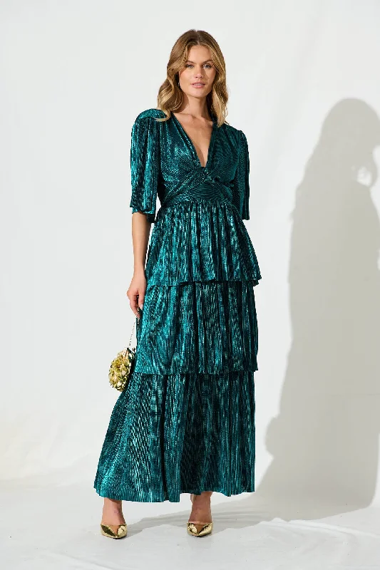 Empire Waist Party Dresses with Satin Sash for Ladies' Curvy Figure FlatteringCarnation Maxi Dress In Teal Lurex