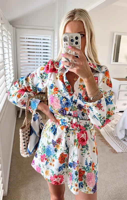 Short Sleeve Floral Print Party Dresses for Ladies' Spring PartiesCarrie Collared Dress ~ Ivory Botanical Floral