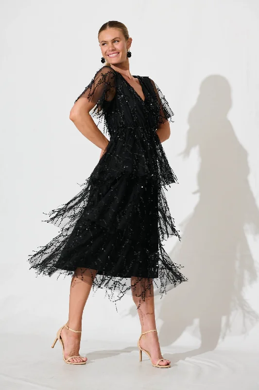 Appliqué - decorated midi dress for a unique and detailed styleCatalina Midi Dress In Black Sequin Appliqué - decorated midi dress for a unique and detailed styleCatalina Midi Dress In Black Sequin