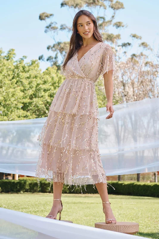 Tassel - adorned midi dress for a bohemian and stylish touchCatalina Midi Dress In Rose Gold Sequin Tassel - adorned midi dress for a bohemian and stylish touchCatalina Midi Dress In Rose Gold Sequin