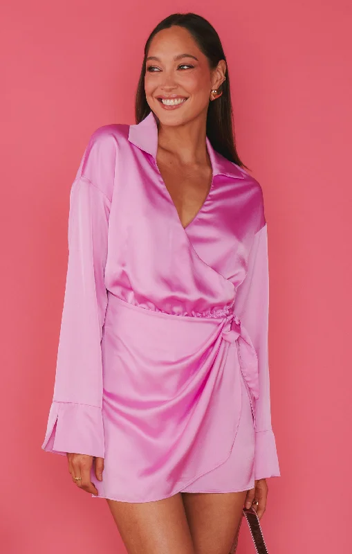 Party Dresses with Embroidered Birds and Sequined Floral Motifs and Satin and Lace Combo for Ladies' Nature Inspired and Romantic LookClara Collared Mini Dress ~ Purple Pink Luxe Satin