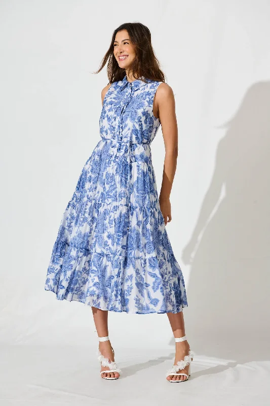 Midi dress for sports activities like horseback riding or yogaClaremont Midi Dress In White With Blue Print Cotton Blend Midi dress for sports activities like horseback riding or yogaClaremont Midi Dress In White With Blue Print Cotton Blend